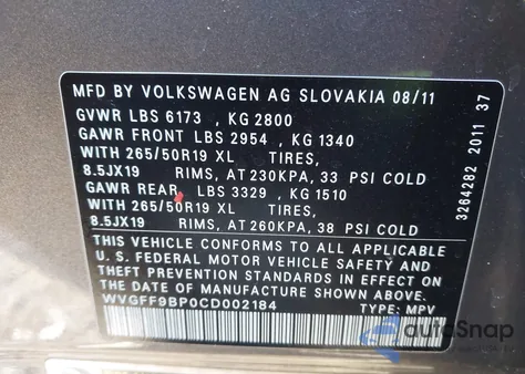 2012 Volkswagen Touareg Vr6 Lux z USA, uszkodzony, nr VIN WVGFF9BP0CD002184